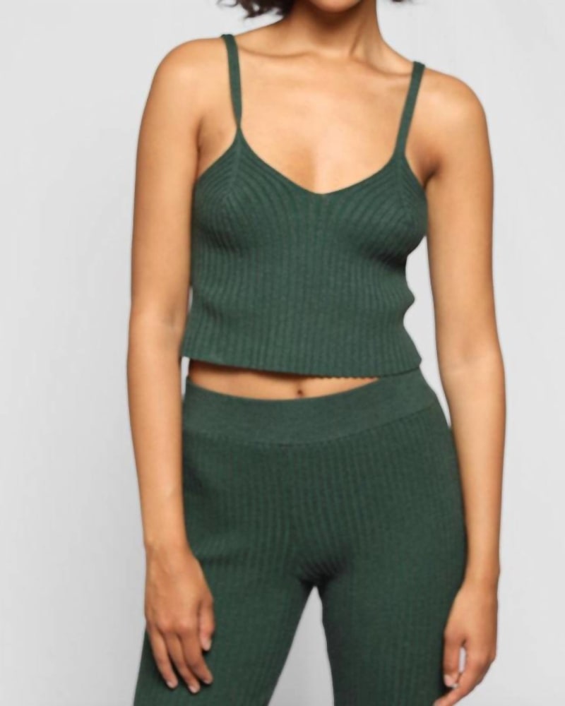 Front of a model wearing a size L Blended Knit Corset Tank in Emerald in Emerald by THE RANGE. | dia_product_style_image_id:332331